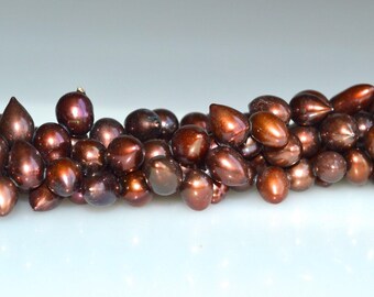 7-8 x 9-10 mm Dark Brown Bottom Drilled Dancing Teardrop Freshwater Pearl Beads, Brown Rice Dancing Freshwater Pearls (154-NCH0709)