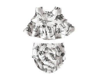 Dinosaur Baby Girl Toddler Organic Cotton Peplum Top and Bloomers Set - Monochrome Black & White Print