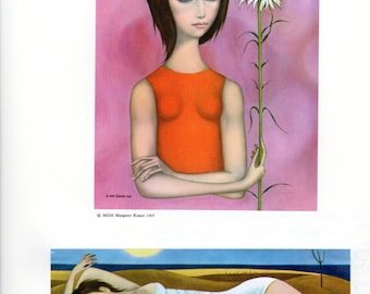 A Margaret Keane HALF OFF Big Eye Girl Lithograph Print Two Small Prints on One Page Girl with Flower and Beach Scene