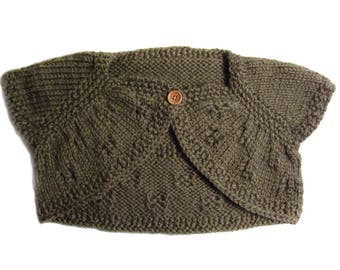 Small 9/12 months, sleeveless bolero, hand knitted, dark olive color