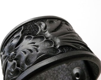 Black Wild Rose Floral Leather Cuff - Small
