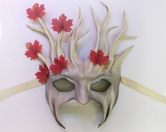 Tree Leather Mask with Fabric Leaves white grey brown with red leaves very light and easy to wear & nice for display too