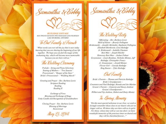 double heart wedding program microsoft word template orange