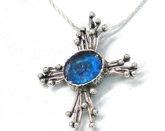 Roman Glass Cross Necklace, Sea of Galilee Cross, 925 Silver Cross Necklace, Blue Roman Glass Jewelry, Christian Pendant, Holy Land Cross