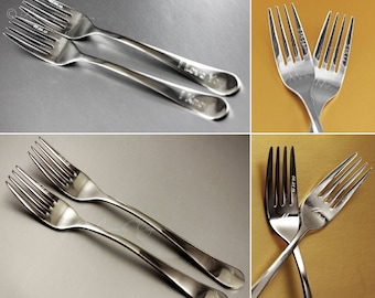 Wedding Fork Tines, (prongs) Engraved on Stainless Steel, set of 2. Also fork handle and face engraving options