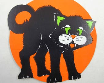 Vintage Neon Orange Halloween Die Cut Decoration with Scary Black Cat