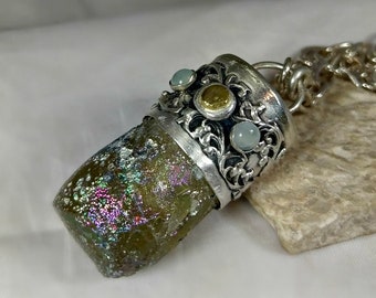 Roman glass necklace, Ancient Glass Pendant, Roman Glass, silver and moonstone necklace