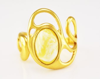 Natural Royal White Genuine Baltic Amber Sterling Silver Gold Plated Handmade Adjustable Ring