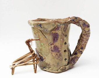 Primitive Wonky Textured Mug, Rustic Distorted Funky 12 oz Coffee Mug, Leaning Strange, Asymmetrical, Stoneware