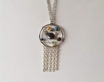 Dreamcatcher pendant necklace, multi-colored stones in the web. Leather and chain