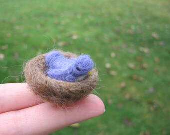 Needle Felted Miniature Purple Bird With Nest Tiny Figure