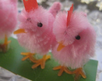 Vintage Easter 8 Pink Chenille Chicks Old Store Stock