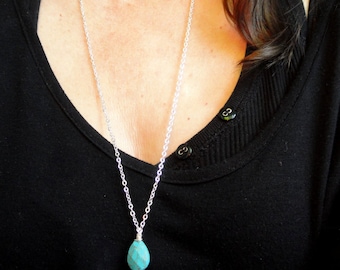 Silver and turquoise necklace, Long turquoise necklace, Turquoise necklace, Gemstone necklace, Gifts