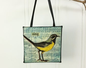 Meadowlark Little Bird Ornament, Sing Whimsical Wild Bird Word Art Mini Wall Hanging
