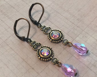 Violet AB Crystal Antiqued Brass Filigree Leverback Earrings