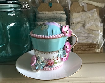 A Pretty Vintage Pincushion Cup and Saucer