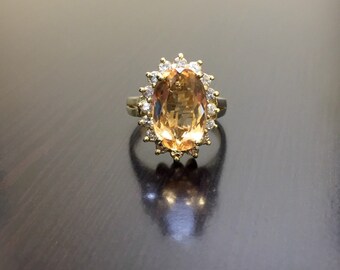 14K Yellow Gold Imperial Topaz Halo Diamond Engagement Ring - Art Deco 14K Gold Imperial Topaz Diamond Wedding Ring - Imperial Topaz Ring