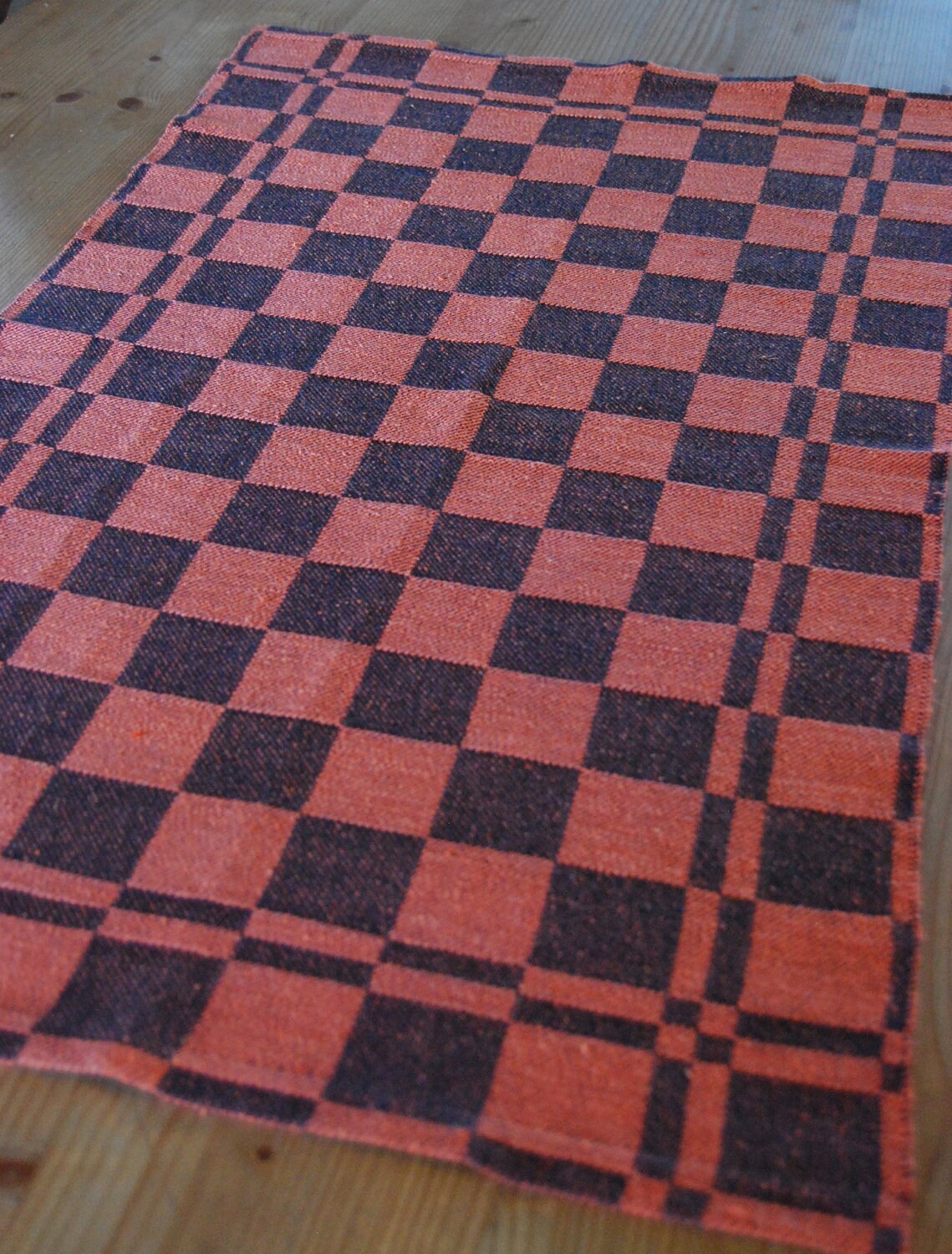 SALE Tea Towel Orange Checkerboard Squares Handwoven