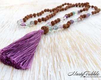 Fluorite Rudraksha Mala, Mala Necklace, Gemstone Mala Beads, Mala Beads 108, Mala Bead Necklace, Long Boho Necklace, Rudraksha Necklace