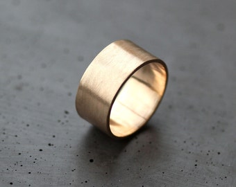 Men's Gold Wedding Band, 10mm Wide Brushed Flat 10k Recycled Yellow Gold Men's Man Wedding Ring Gold Ring - Made in Your Size