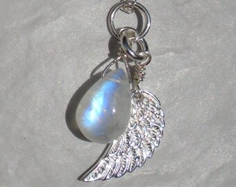 Angel Wing Necklace, Sterling Silver Wing Necklace, Moonstone Necklace, Flashy Moonstone Necklace, Gemstone Necklace