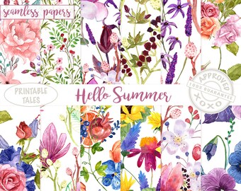 Floral Watercolor Digital Paper, Seamless Flower Papers, sunflower, roses and much more - Blooming bouquet tileable paper, summer scrapbook