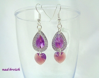 Fancy purple and silver rhinestone resin drop + Crystal Swarovski Cyclamen opal heart - handmade