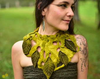 Felt Necklace-Neck Piece-Leaf Choker-Woodland Costume-Fairy Necklace-Felt Leaf Adornment-Wearable Art-OOAK