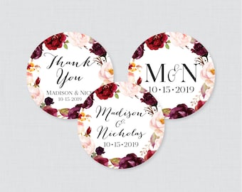 Printable OR Printed Wedding Stickers - Marsala and Pink Floral Circle Wedding Labels, Personalized Wedding Favor Tags/Stickers, Pink 0006