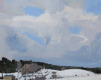 Across, Original Winter Landscape Painting on Panel 8 x 8 Inches, Stooshinoff