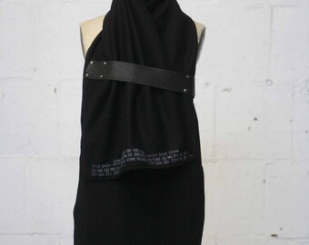 Black Wool Scarf , Winter Accessories, leather scarf, text print scarf, Gifts for her, Fashion
