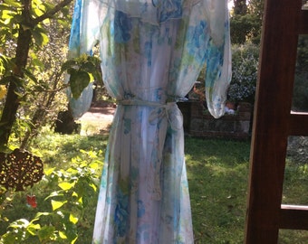 1960s vintage sheer floaty floral day/party dress. Frill neck. Waist tie. Size 10-14