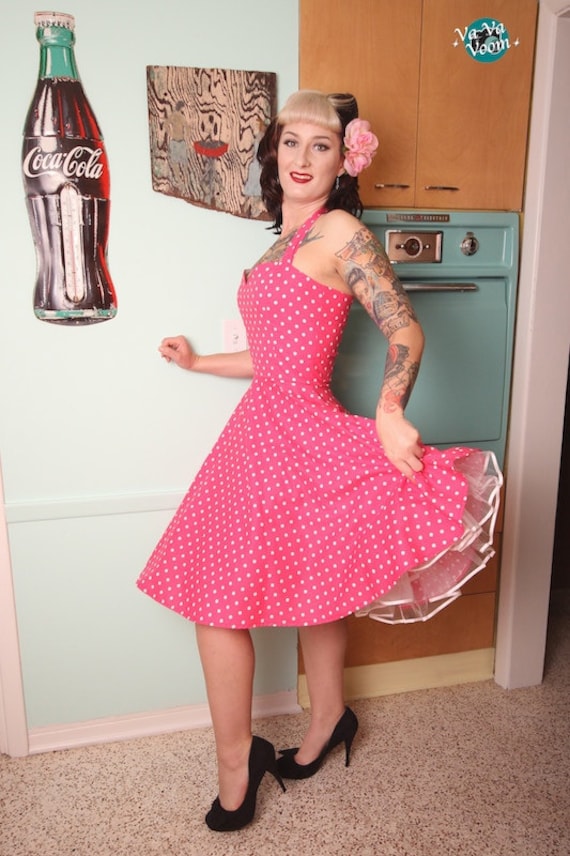 Items similar to Lucy Halter Dress in Pink and White Polka Dot on Etsy