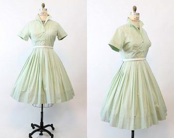50s Dynasty Dress Medium Large / 1950s Cotton Shirtwaist Dress / Mint Apple Dress
