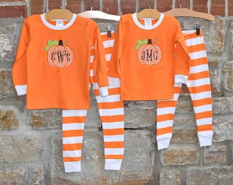 Halloween Pumpkin Monogram Pajamas - Halloween Pjs - Fall Pumpkin Pajamas - Personalized Fall Pajamas - JULIANNE ORIGINALS