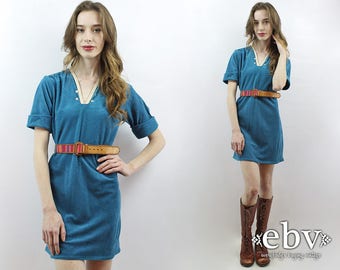 70s Dress 1970s Dress 70s Party Dress Hippie Dress Hippy Dress Teal Velvet Dress Teal Velour Dress Velvet Mini Dress 70s Mini Dress S M