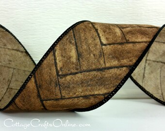 Wired Ribbon, 2 1/2" wide, Brown Wood Tile Print - THREE YARDS - Offray, "Bricker" Rustic Fall Craft Decor Wire Edged Ribbon