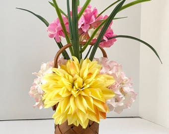 Silk Foral Arrangemt with Hibiscus' and Carnations in Basket Weave Wood Vase