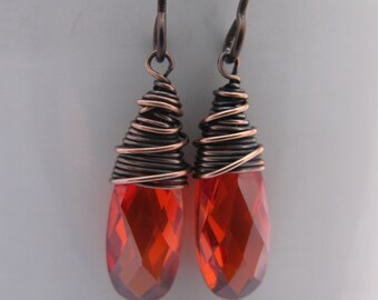 Wire Wrapped Red Cubic Zirconia Earrings