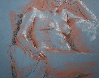 Pastel Trois Crayons on Blue Paper/ Susanna Short Pose 2