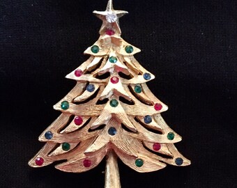 Rhinestone Christmas Tree Brooch / Pin