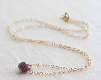 Ruby zoisite necklace - tiny gemstone necklace, ruby zoisite briolette, gold or silver chain, ruby zoisite jewelry, ruby zoisite pendant