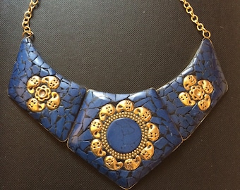 Lapis Lazuli Bib NECKLACE Gold and Blue Lapis Collar Necklace,Nepal Tibet Afghan Handmade,exquisite Statement necklace by Taneesi