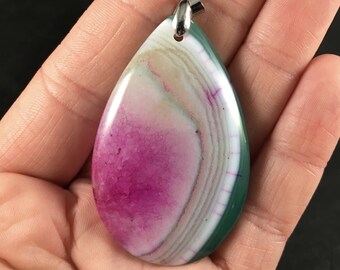 Green, White and Pink Druzy Agate Stone Pendant Necklace
