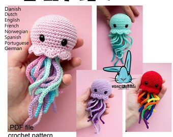 Kawaii Jellyfish - amigurumi crochet pattern. PDF file. Languages - English, German, French, Norwegian, Danish, Dutch, Spanish, Portuguese