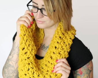 Mustard Yellow Infinity Scarf, Knit Scarf, Chunky Knit Scarf, Knit Cowl Scarf, Winter Scarf, Hand Knit Scarf, Yellow Scarf, Cowl Scarf