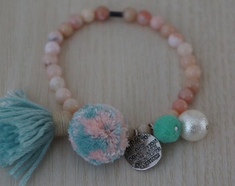 Natural Pink Opal Bracelet /Pompom Pearl Tassel Bracelet