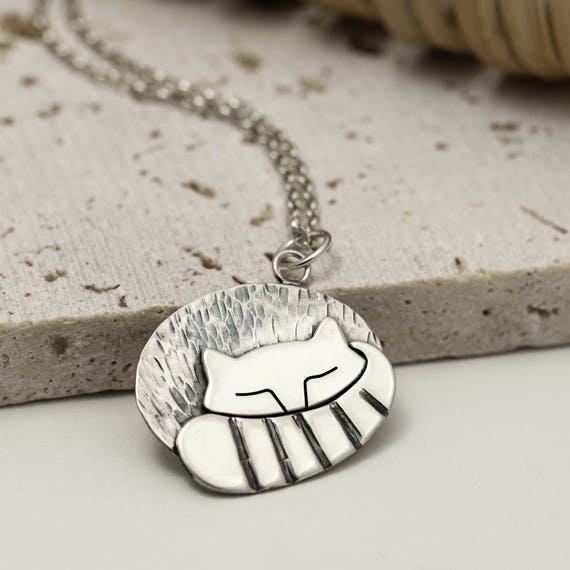 Sleeping Cat Necklace Sterling Silver Cat Jewellery Cat