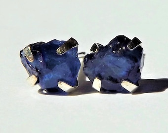 Raw Sapphire Earrings, Sapphire studs, Sapphire posts, September Earrings, September Birthstone, Raw Sapphire Sterling Silver