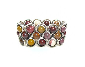 Mookaite bracelet, Gemstone bracelet, Mookaite jewelry, Stretch cuff, Goldenrod bracelet, Gift for her, Beaded cuff, Maroon bracelet